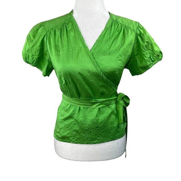 Calypso Christiane Celle Green Short Sleeve 100% Silk Wrap Blouse Top Medium - Picture 1 of 13